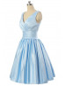 Sky Blue Satin V Neckline Corset Back Short Bridesmaid Dress